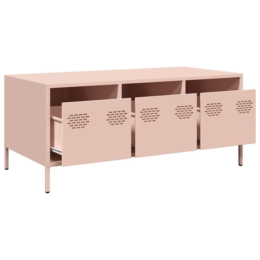 vidaXL Pink Coffee Table 101.5x50x43.5 Cm Cold Rolled Steel Industrial With Three Storage Cabinets For Living Room