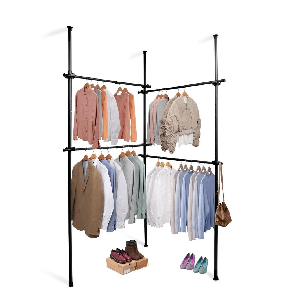 Double Black Telescopic Wardrobe Organiser Hanging Rail Clothes Rack Adjustable Storage Shelving - Direct Online Houseware - Home Symphony