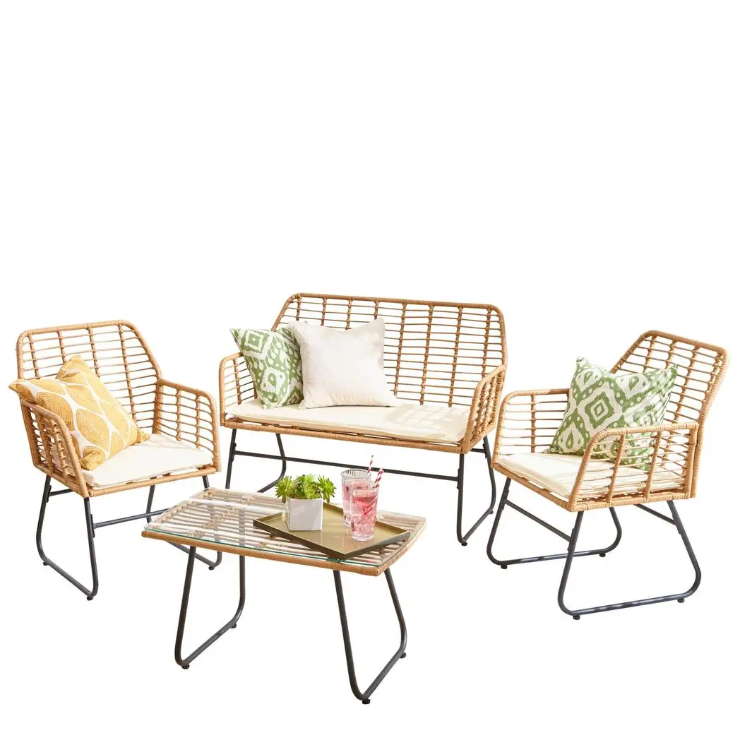 Neo Neo 4 Piece Wicker Bamboo Style Garden Sofa, Table & Chairs Set - Garden Sofa Sets