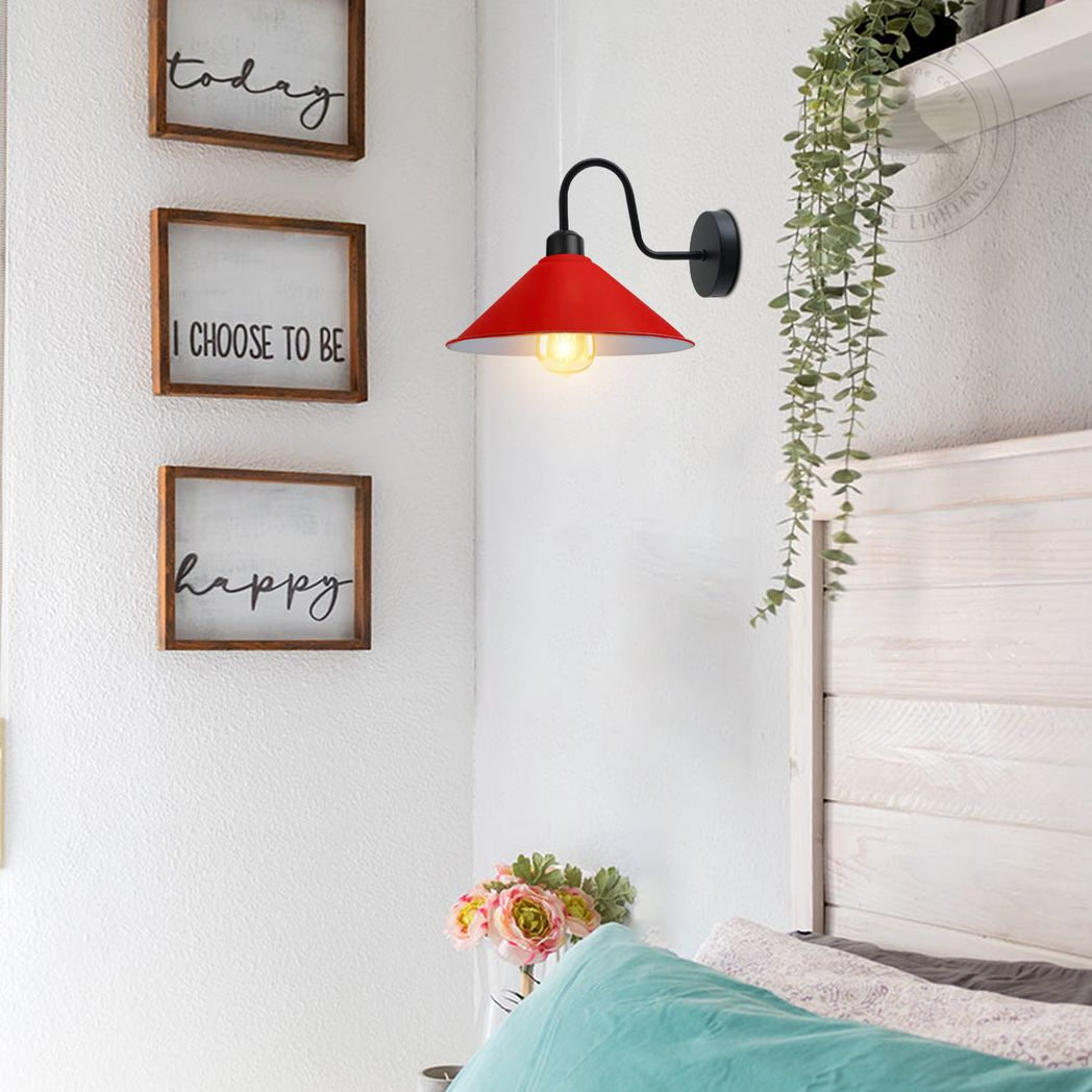 Red Retro Wall Light Sconce Cone Shade E27 for Living Room by Home Symphony with a black curved arm.