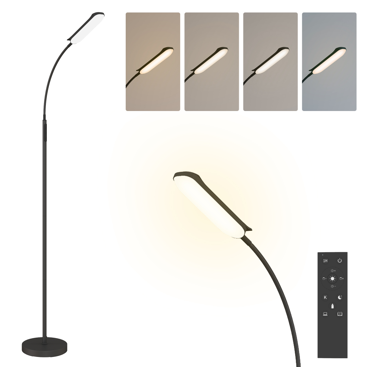 HOMCOM LED Floor Lamp for Living Room with Magnetic Remote Control, Black features 5 scene modes and adjustable brightness.