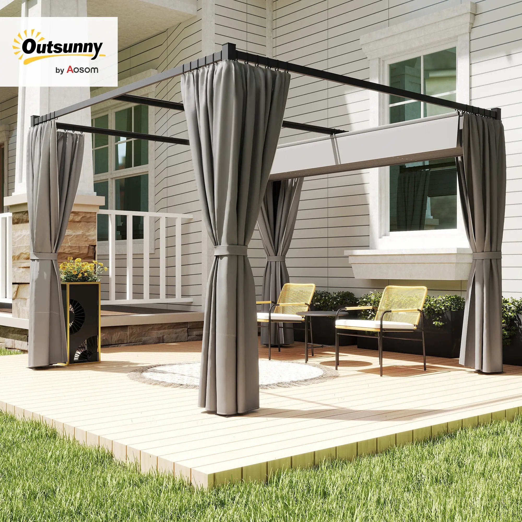 Outsunny Outsunny 3 x 3(m) Pergola with Retractable Roof and Curtains, Light Grey - Gazebos