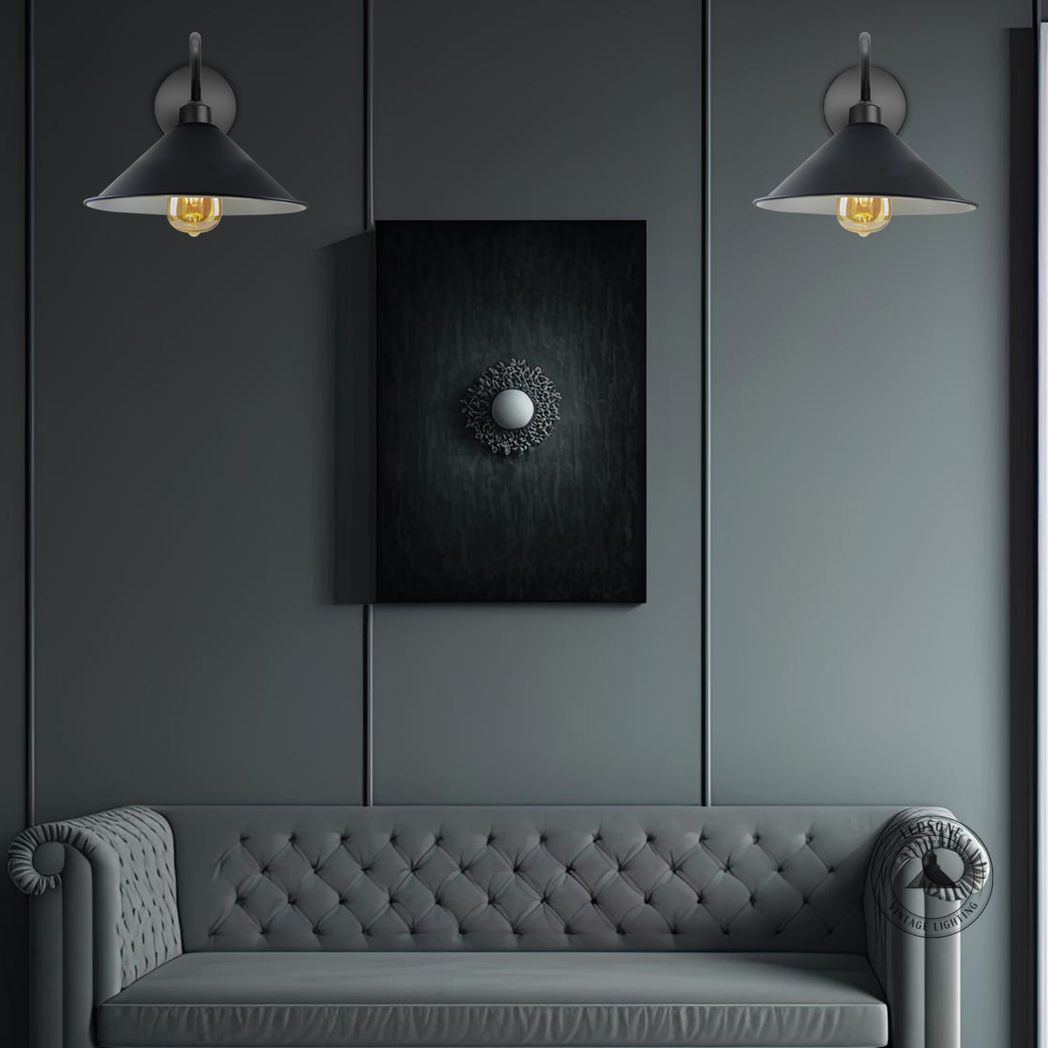 Home Symphony Premium Wall Sconce Cone Shade Swan Neck Dimmable Home - warm downward light above a tufted couch.