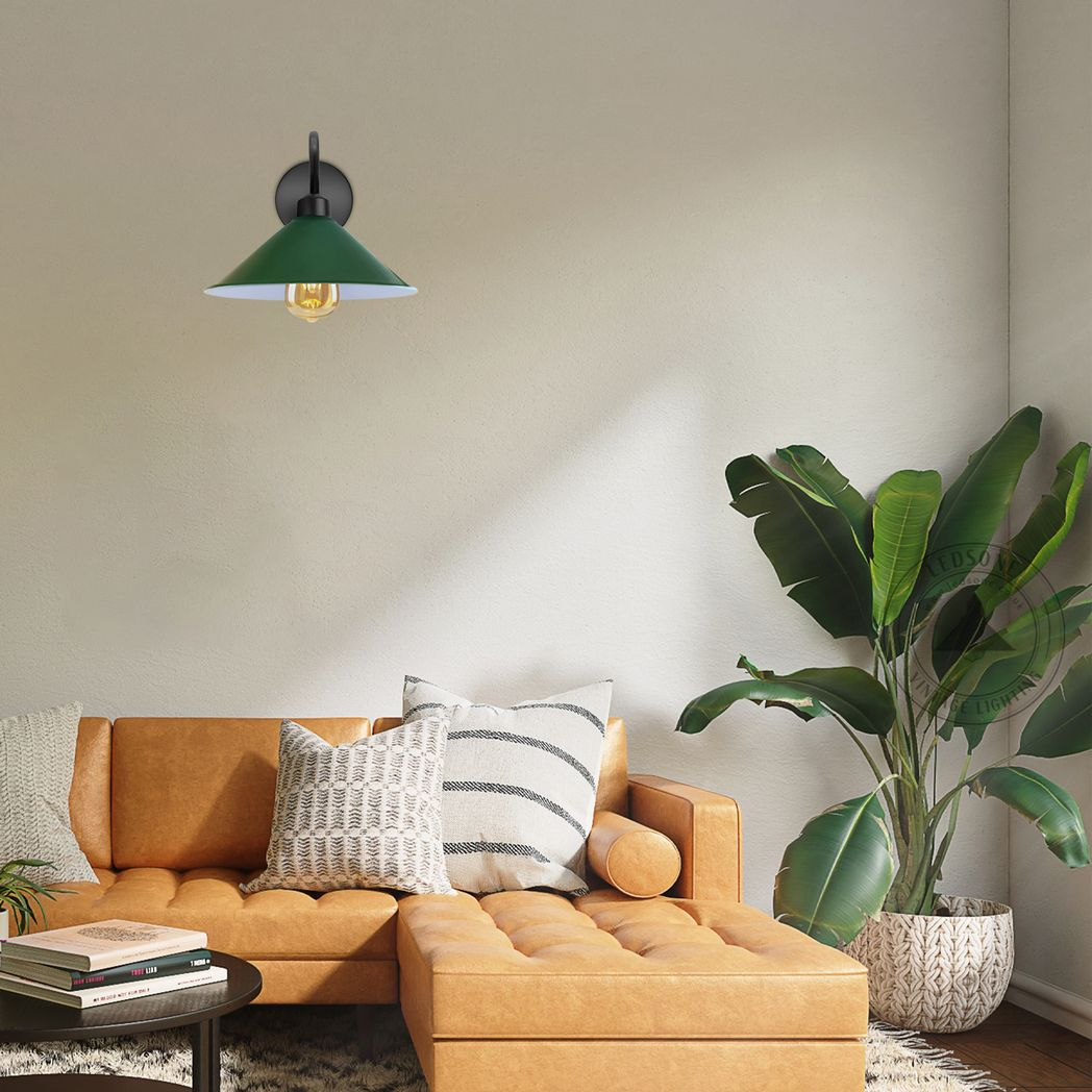 Eco Wall Light Fixture E27 Cone Shade Swan Neck For Home with a green cone shade mounted on a wall above a tan sofa.