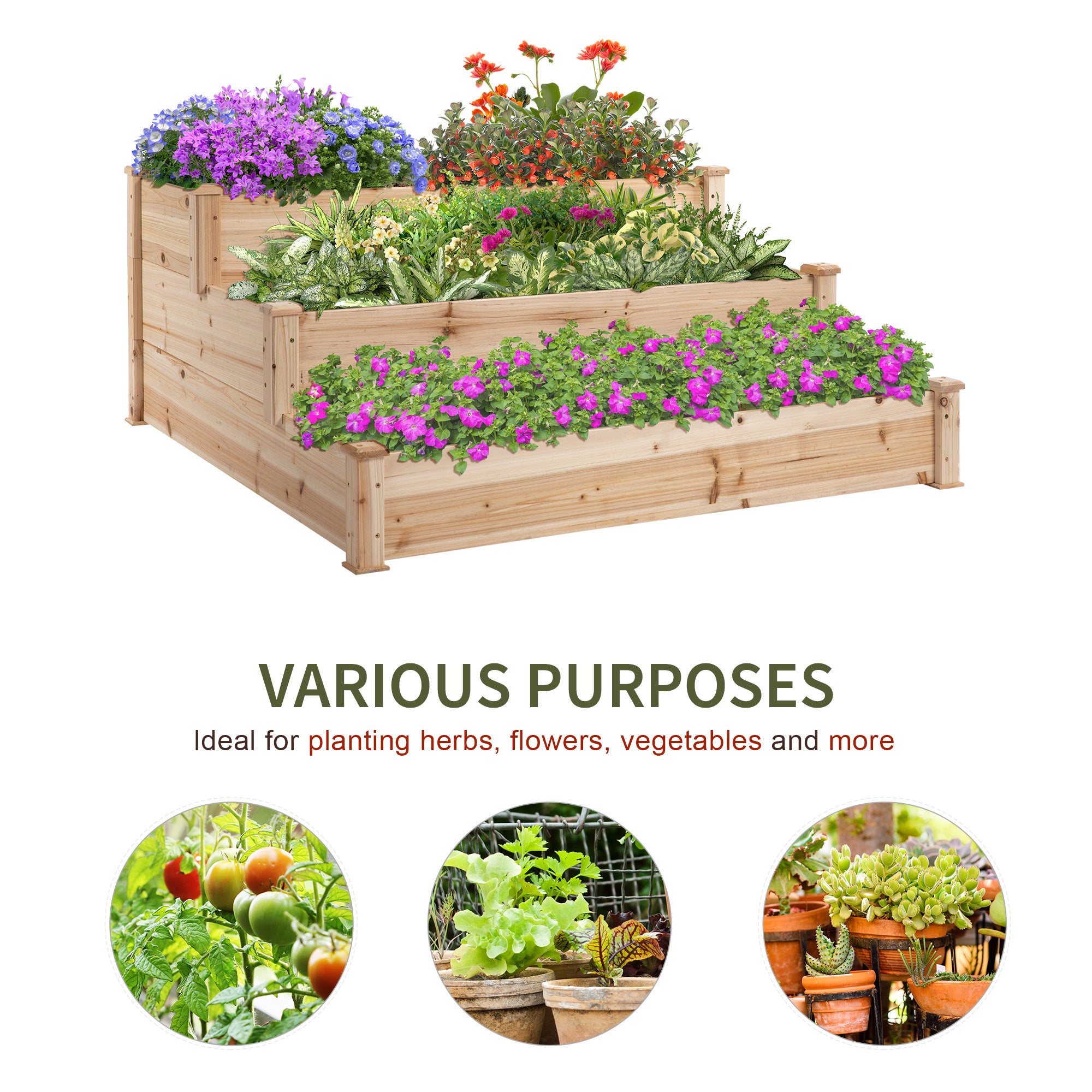 Premium wooden three-tier raised bed planter in natural finish, 124x124x56 cm, filled with flowers and greenery.