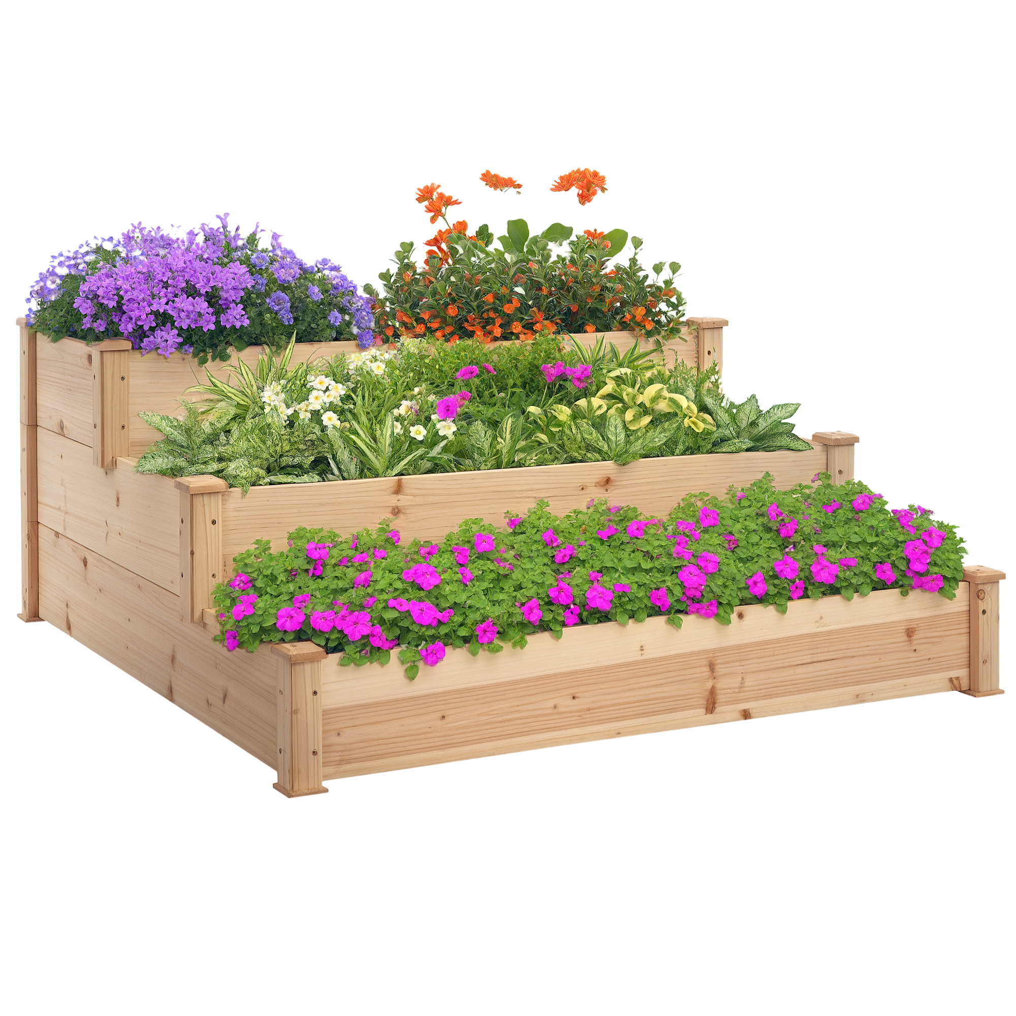 Home Symphony Premium raised bed planter, 124x124x56cm, three-tier wooden garden with colorful flowers.