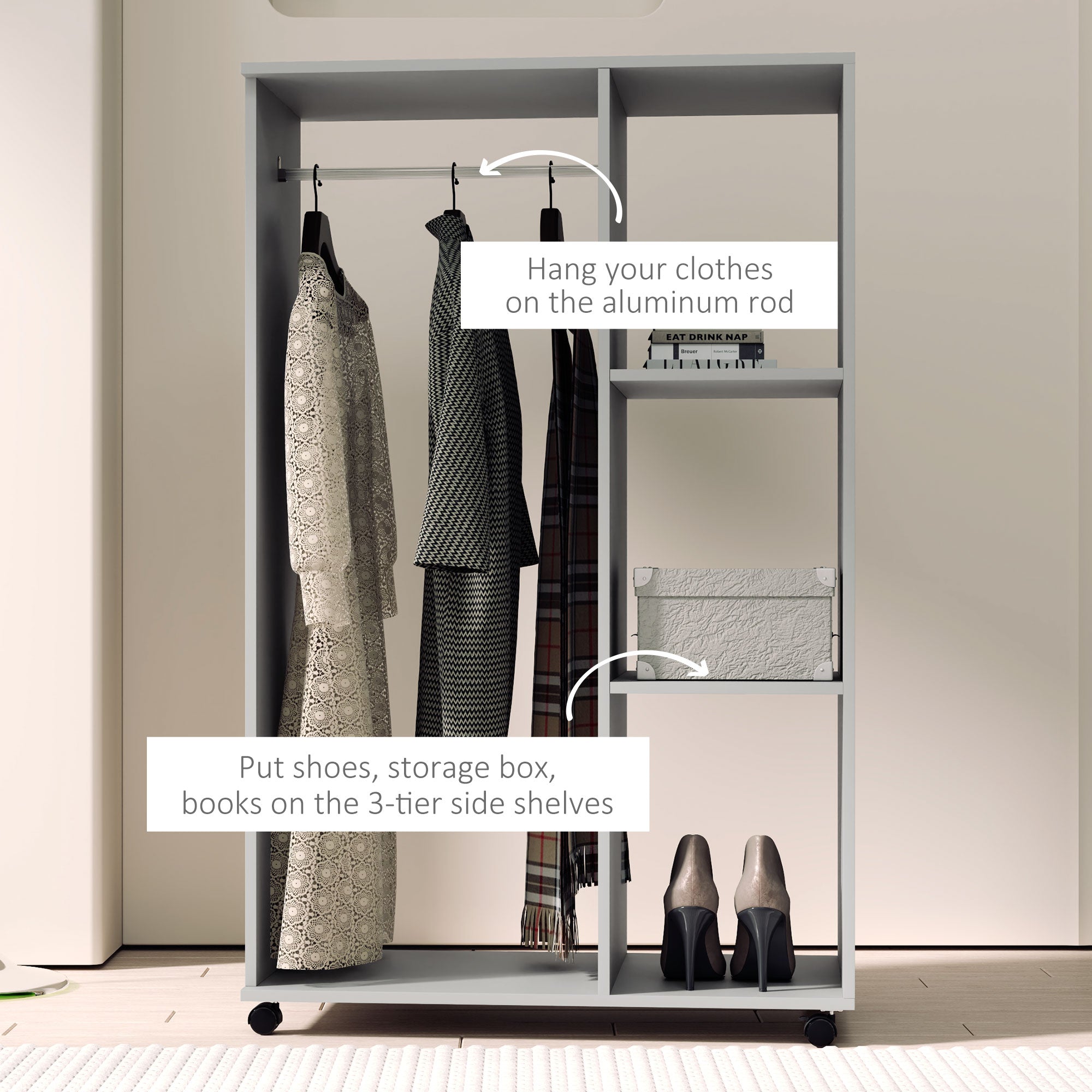 HOMCOM Rolling Open Wardrobe Hanging Rail Storage Shelves for Clothes, Grey - Home Symphony