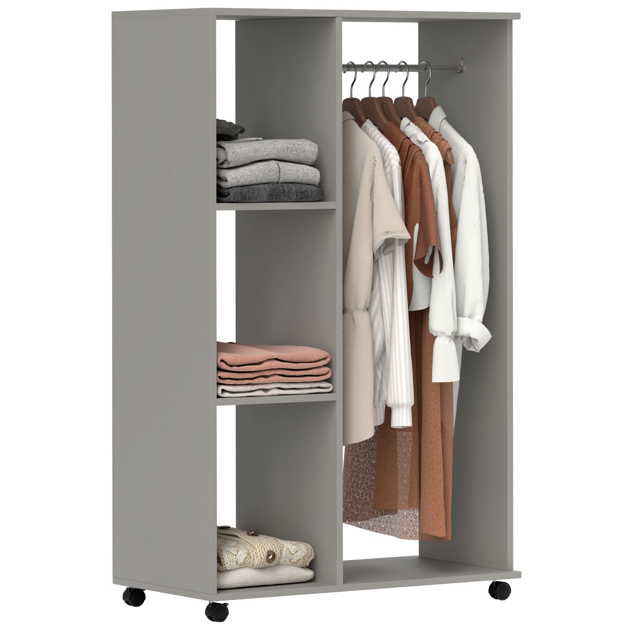 HOMCOM Rolling Open Wardrobe Hanging Rail Storage Shelves for Clothes, Grey - Home Symphony