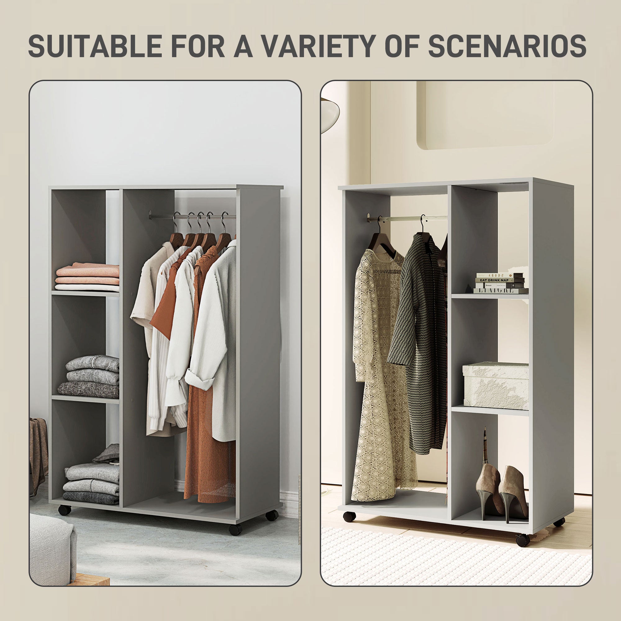 HOMCOM Rolling Open Wardrobe Hanging Rail Storage Shelves for Clothes, Grey - Home Symphony
