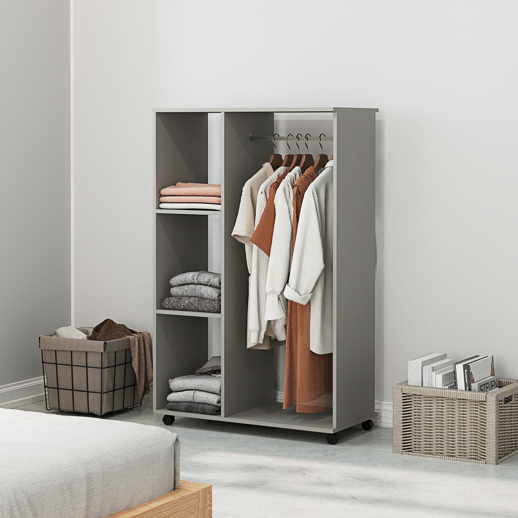 HOMCOM Rolling Open Wardrobe Hanging Rail Storage Shelves for Clothes, Grey - Home Symphony