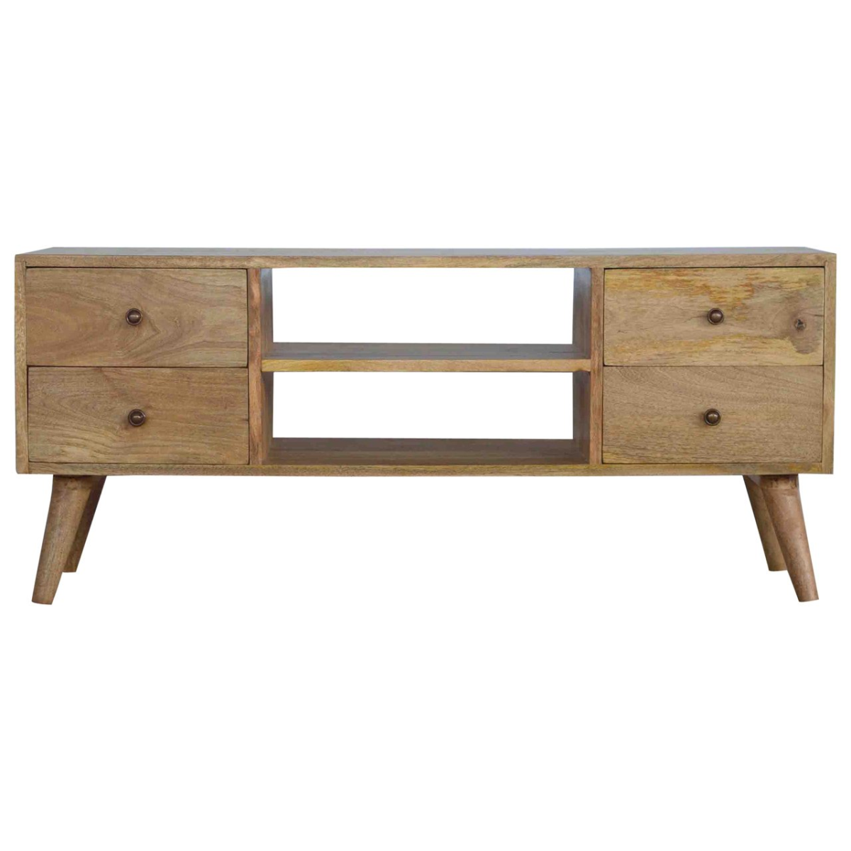 Artisan solid wood Nordic TV console with four drawers, natural finish, angled legs.
