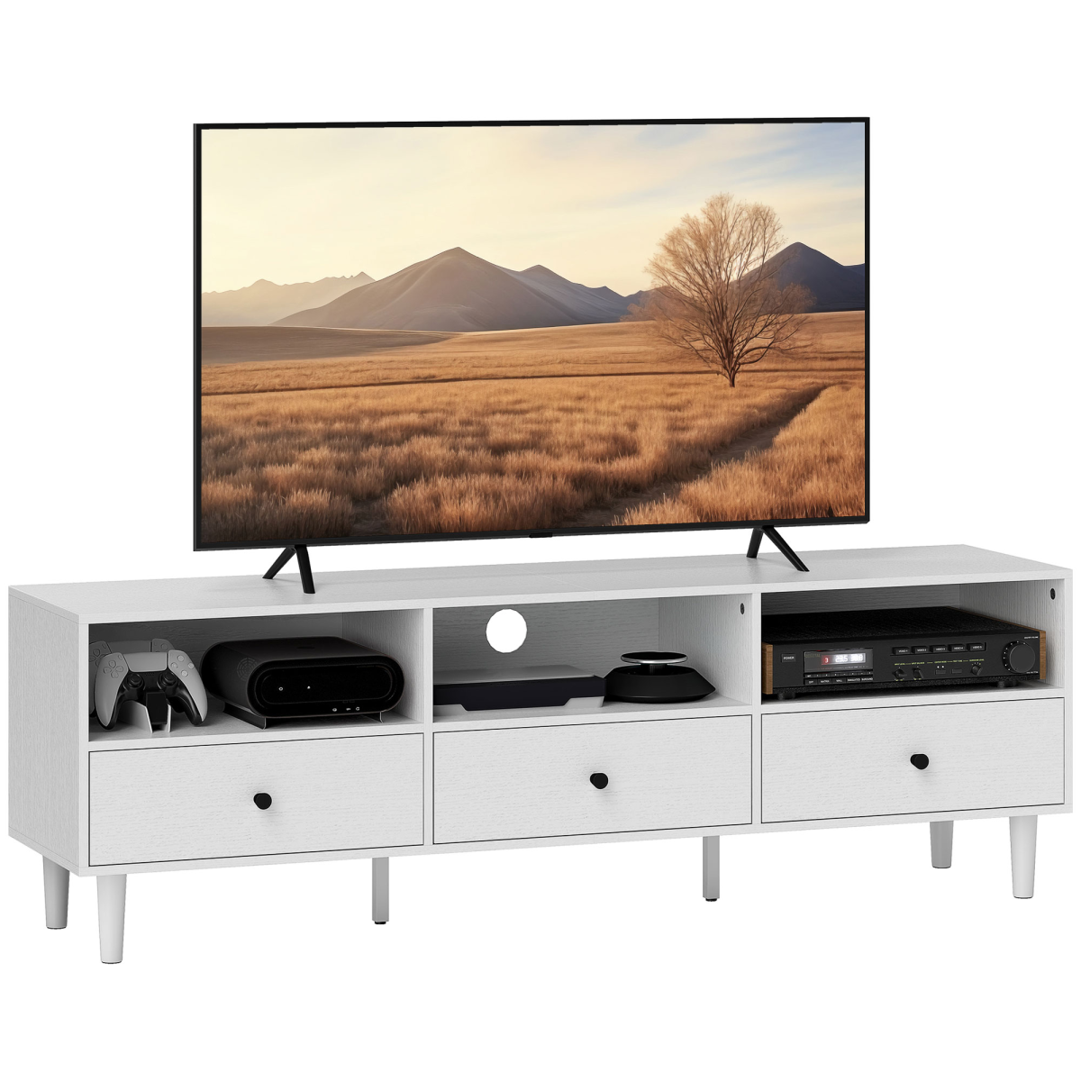 HOMCOM 75-inch white TV unit with three drawers and open shelves, supporting a flat-screen TV.