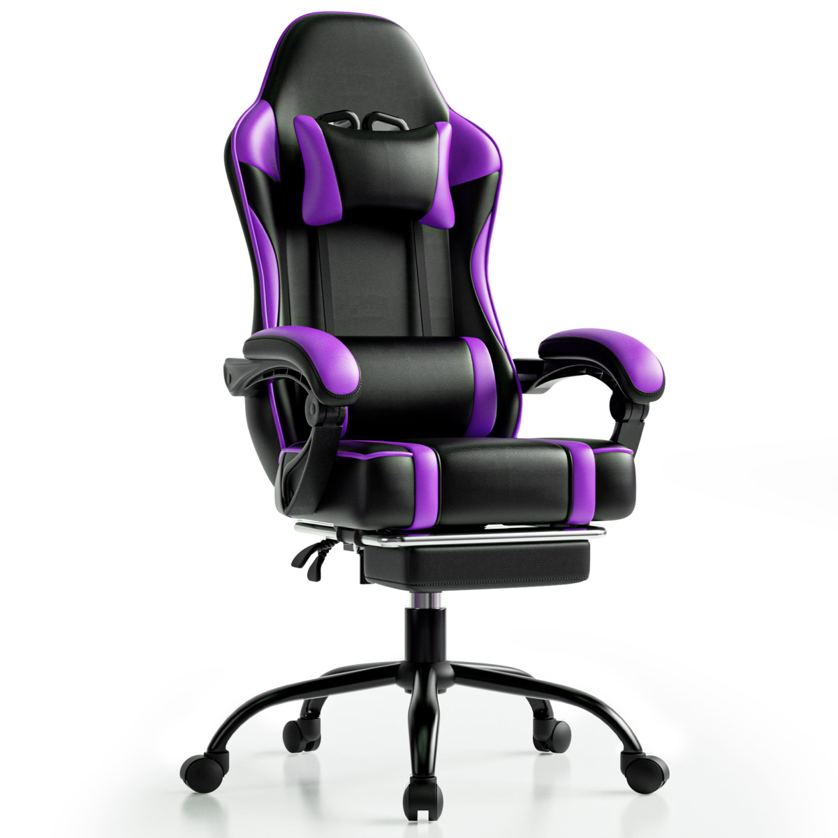 Home Symphony Pro Gaming Chair Footrest and Lumbar Support for Gamers in black and purple.