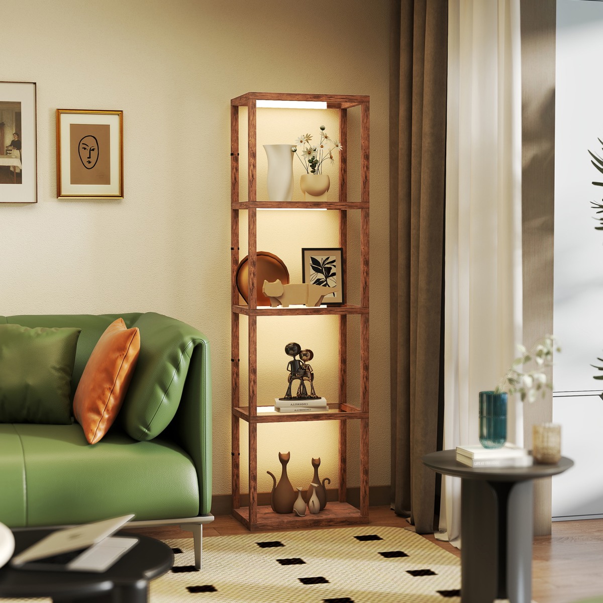 Wood Floor Lamp 180cm 4 Tier Shelf LED Dimmer Home - N/A - Home Symphony