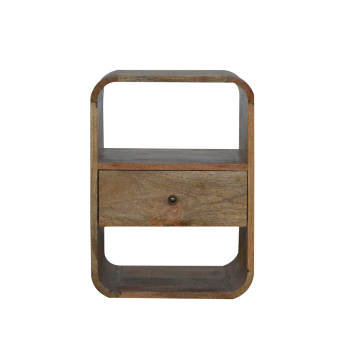 Artisan Furniture London Bedside Table Solid Mango Wood Oak Finish Brass Knob 1 Drawer 2 Open Shelves - Artisan Furniture - Home Symphony