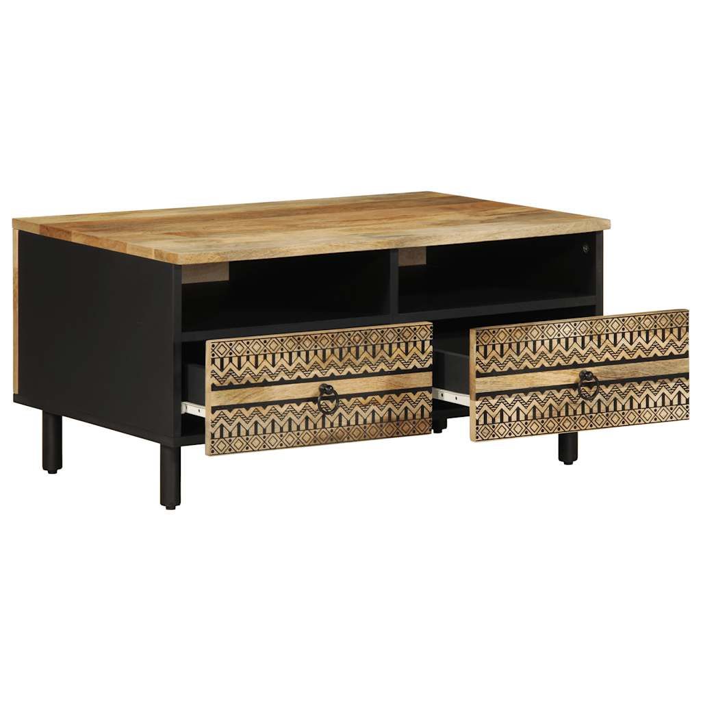 VidaXL Coffee Table 80x54x40 cm Solid Mango Wood With Geometric Pattern Drawers Black Living Room - vidaXL - Home Symphony