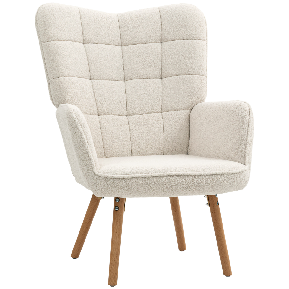 Cream HOMCOM tufted wingback armchair with teddy fleece upholstery and wooden legs.