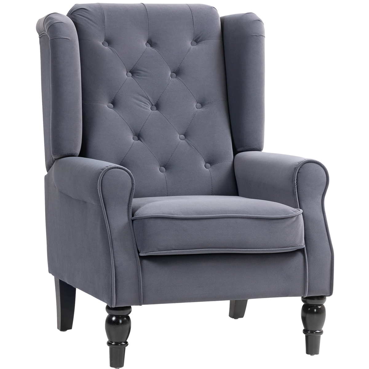 HOMCOM Charcoal Velvet Accent Armchair with high-back, deep button tufting, piping on arms, and wooden legs