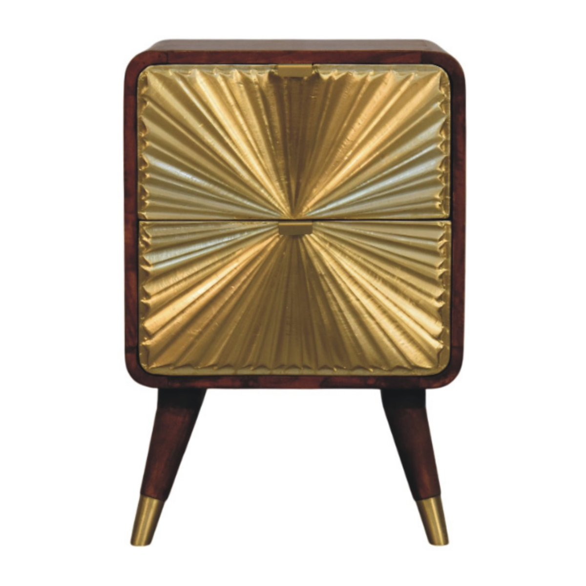 Artisan Nightstand Compact Mango Wood Brass Sunburst Front Two Drawer Bedroom Decor