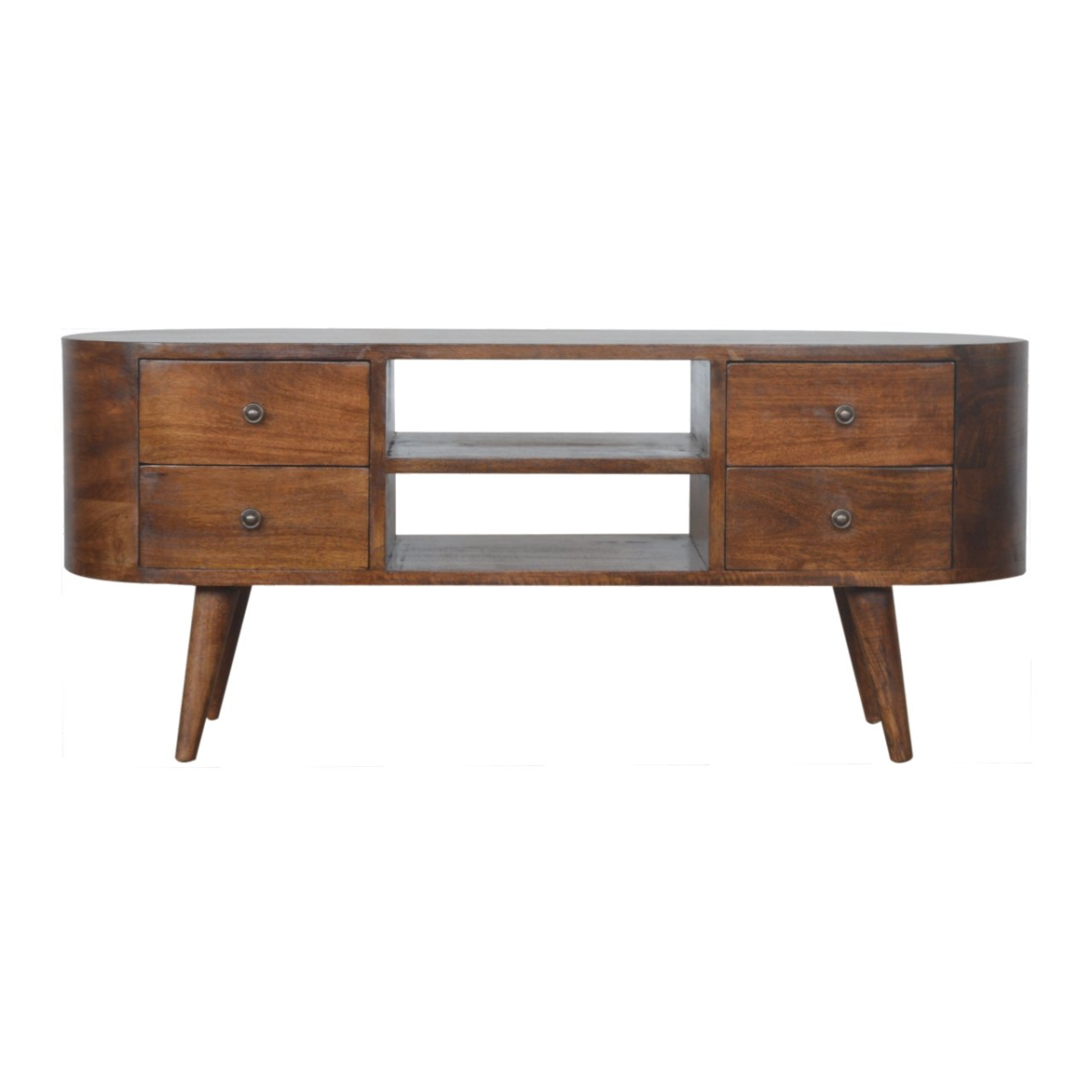 Artisan Entertainment Unit in chestnut mango wood with rounded edges, two drawers on each side and open center shelves.