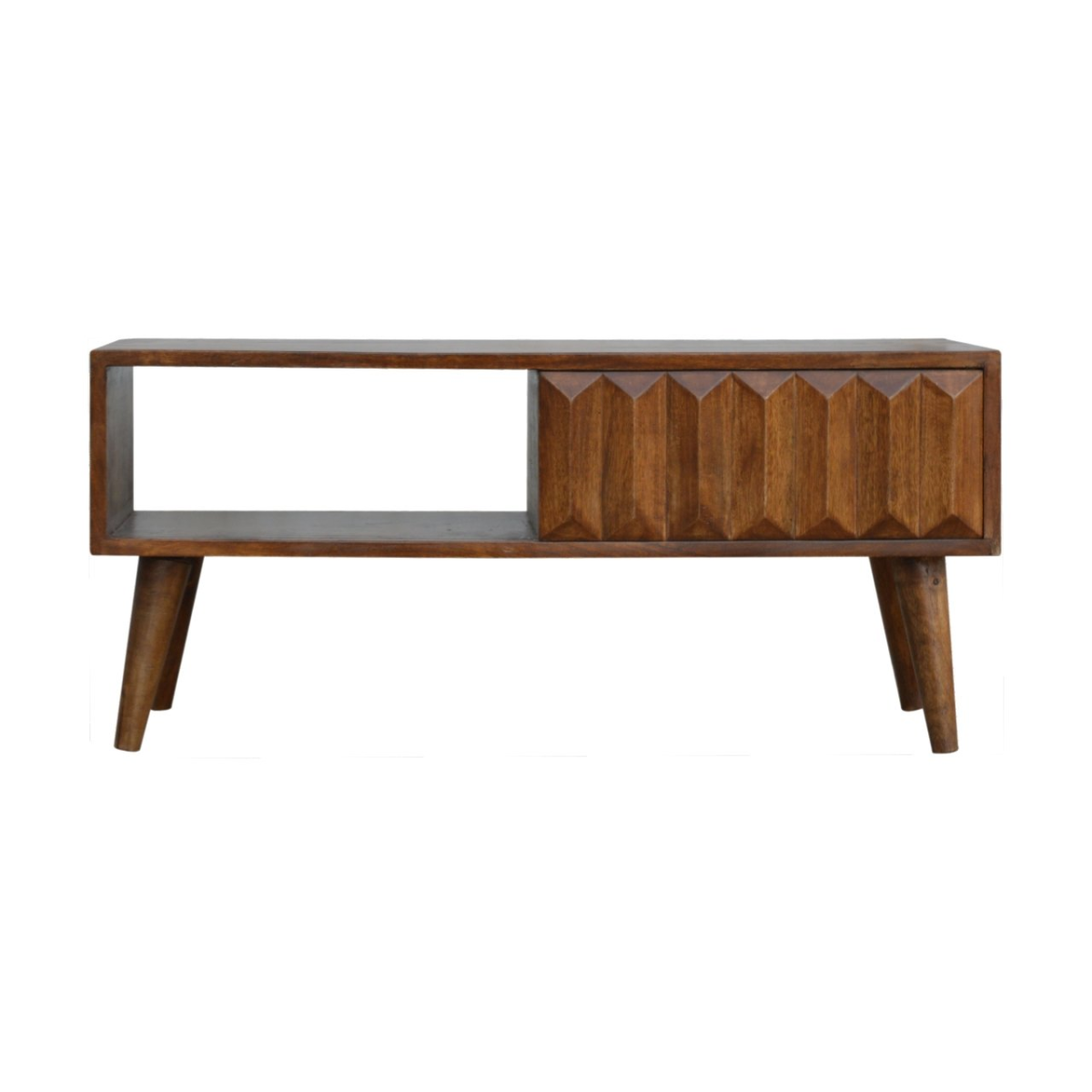 Artisan 120cm chestnut mango wood media console with open slot and geometric Prism Door cabinet on angled legs.