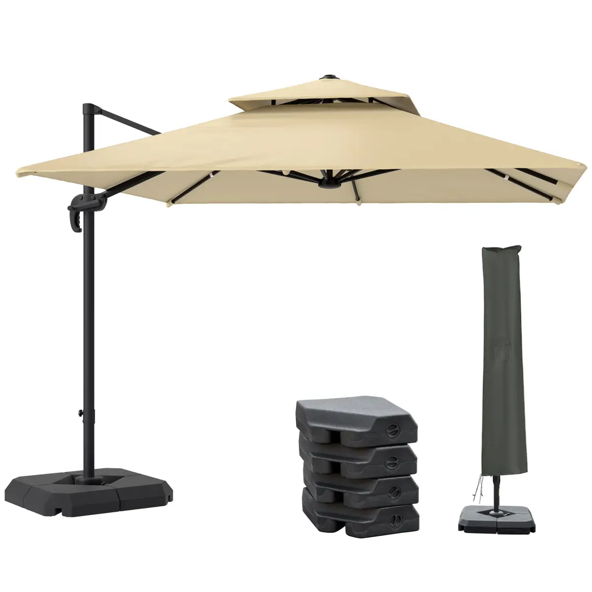 Outsunny Outsunny 360° Cantilever Parasol Roma Umbrella w/ Base Weights, Khaki - Parasol