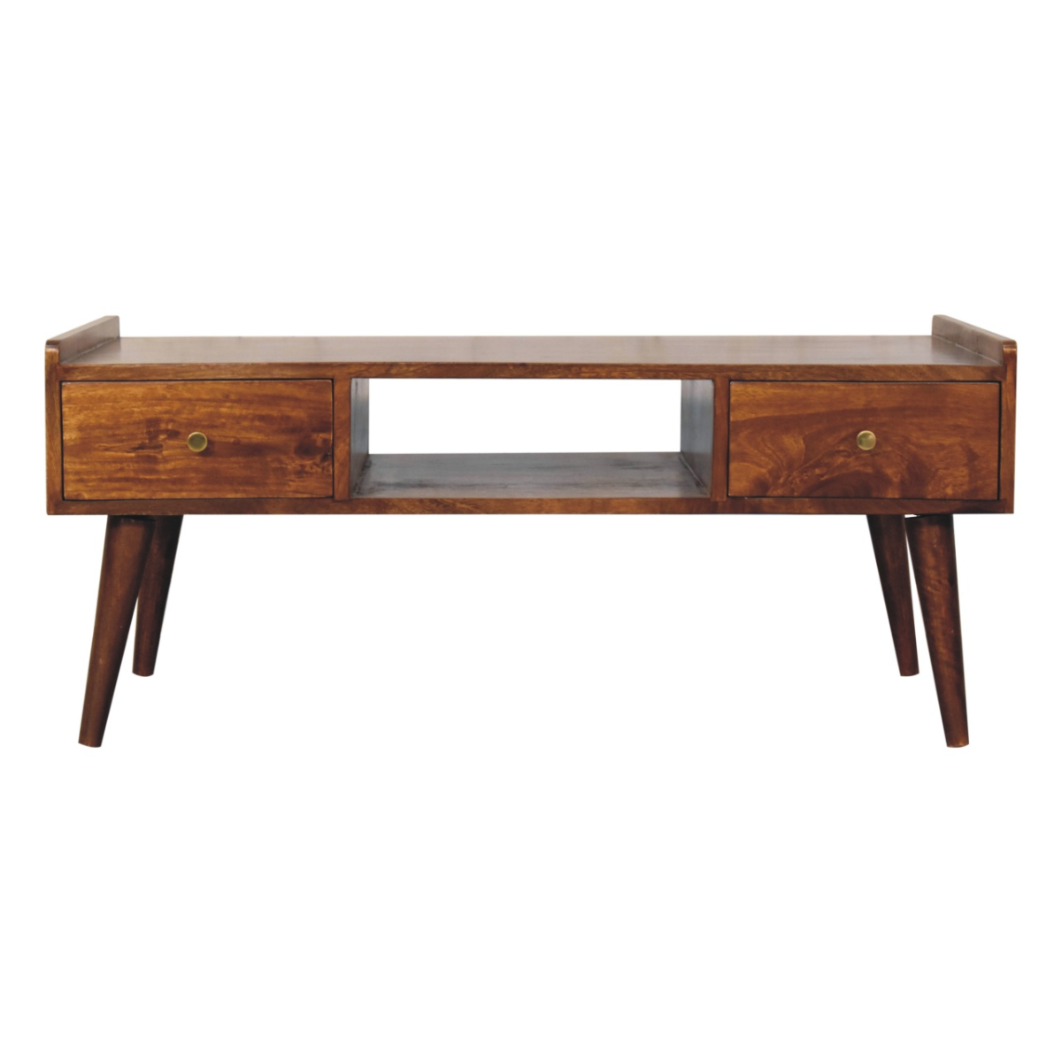 Artisan Media Unit: wide chestnut finish, solid mango wood TV console with raised edges and four Nordic-style legs.