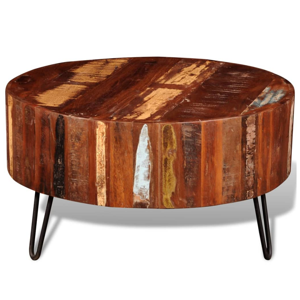 VidaXL Round Reclaimed Wood Coffee Table With Solid Top And Iron Hairpin Legs For Living Rooms