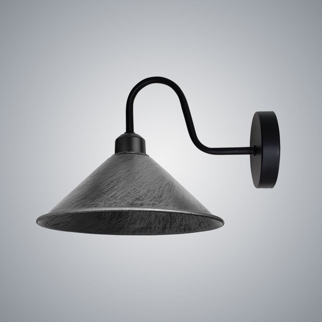 Brushed Silver Wall Light Fixture 12cm Cone Shade Hallway by Home Symphony with a black curved arm and cone shade.