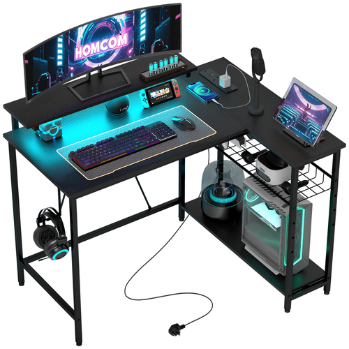 HOMCOM L Shaped Desk with LED Lights Reversible Corner Gaming Desk with Storage - Home Symphony