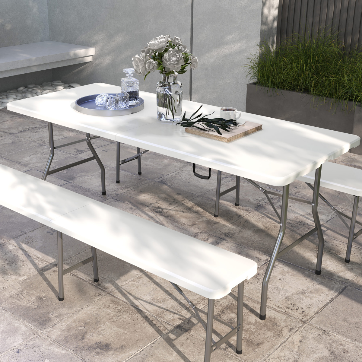 Stylish Outsunny Folding Garden Table with Large HDPE Top and Powder-Coated Steel Frame, ideal for outdoor entertaining.