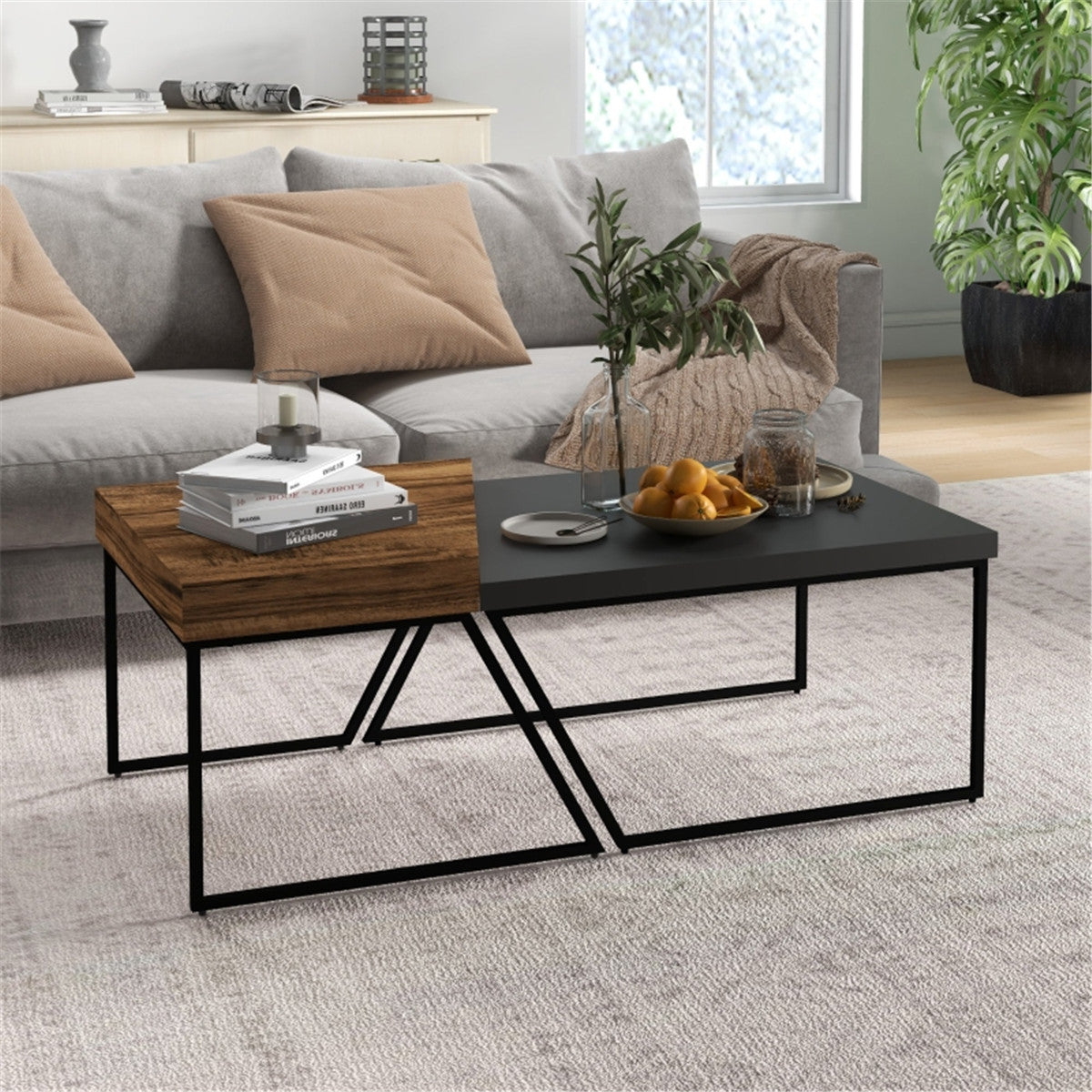 Industrial Coffee Table Set Dual Tables 2 in 1 Wood Effect Top With Black Metal Frame For Living Rooms