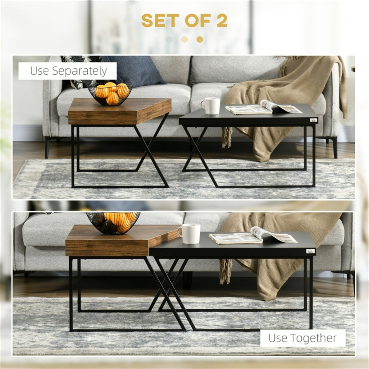 Industrial Coffee Table Set Dual Tables 2 in 1 Wood Effect Top With Black Metal Frame For Living Rooms