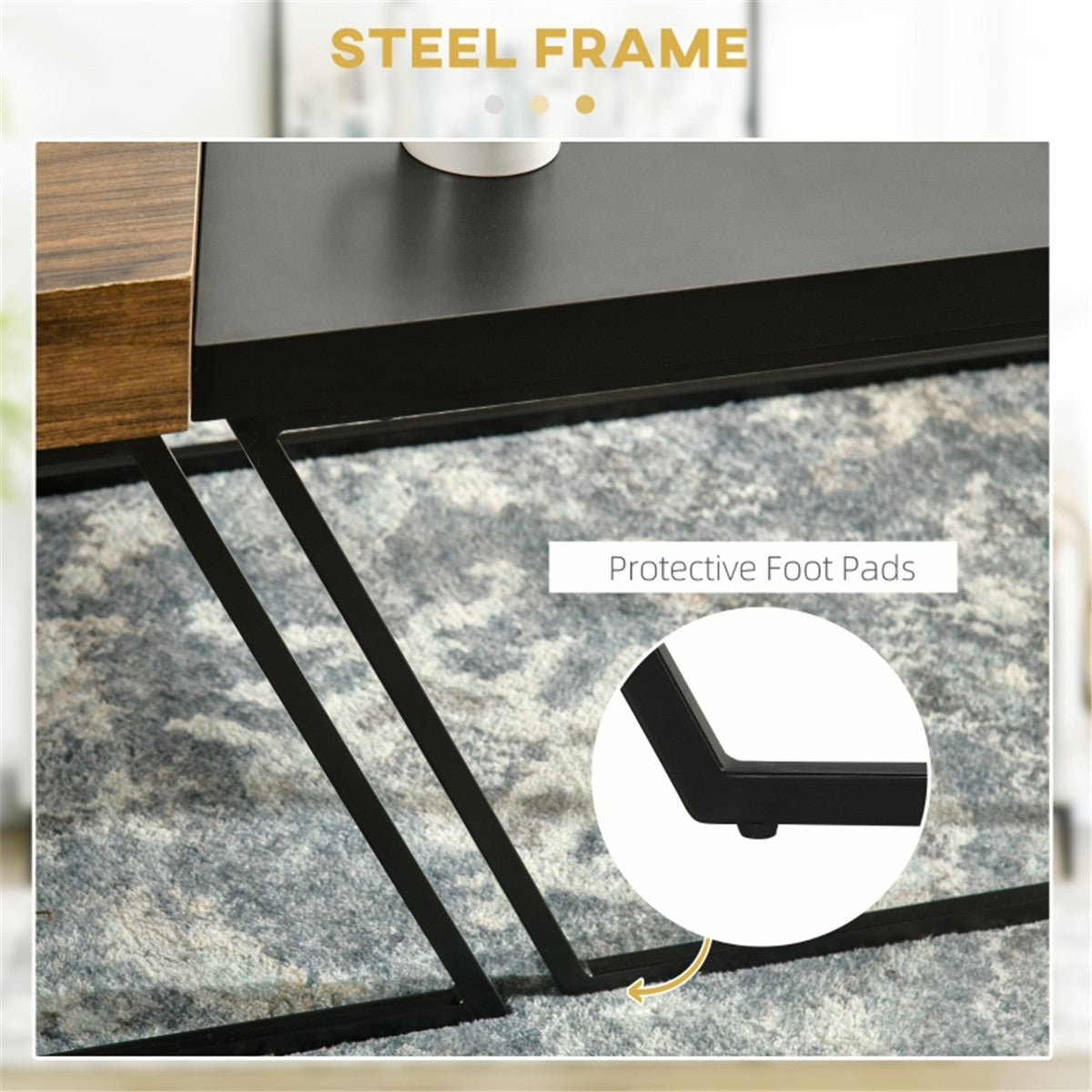 Industrial Coffee Table Set Dual Tables 2 in 1 Wood Effect Top With Black Metal Frame For Living Rooms
