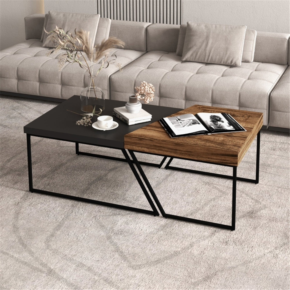 Industrial Coffee Table Set Dual Tables 2 in 1 Wood Effect Top With Black Metal Frame For Living Rooms