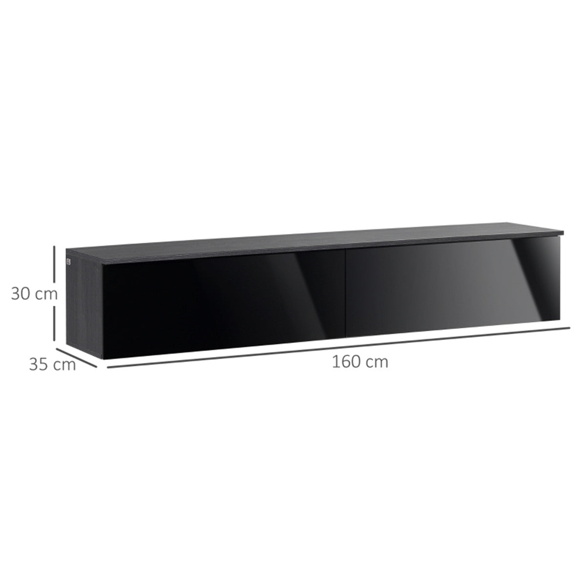 Premium Floating TV Stand 70-Inch, wall-mounted with two high-gloss black cabinets, slim, clutter-free lounge.