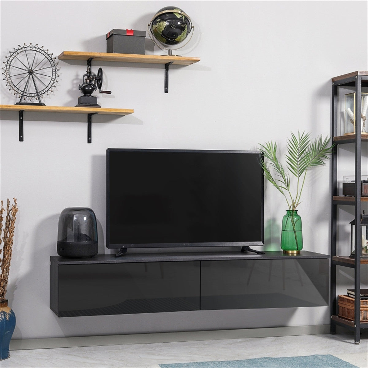 Premium 70-inch floating TV stand with two high-gloss cabinets, wall-mounted for a modern lounge.