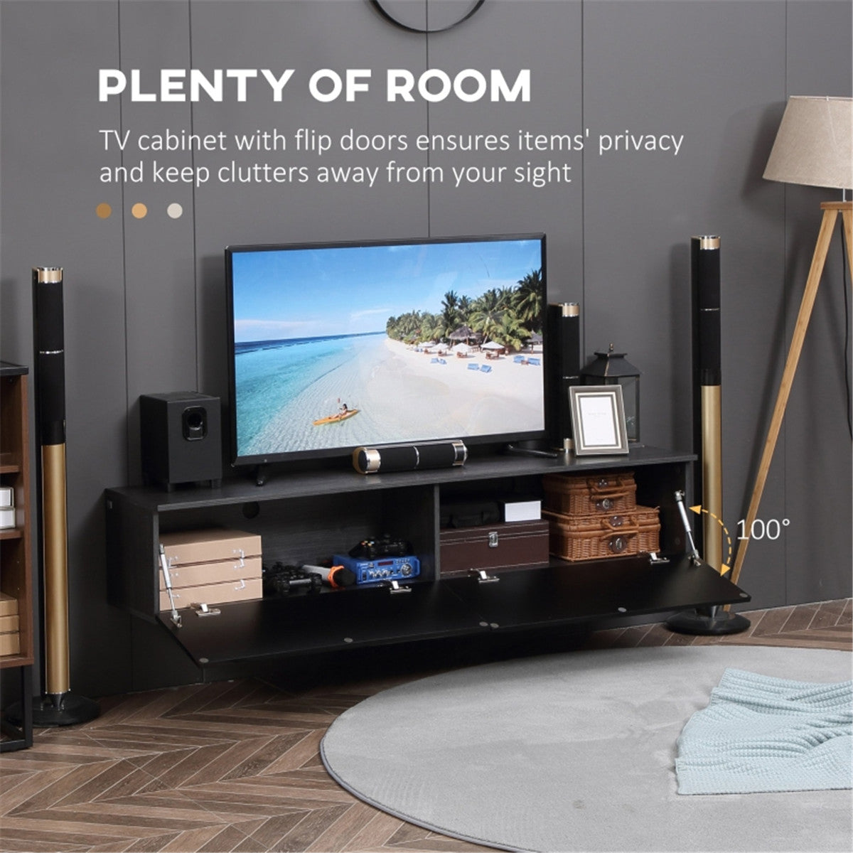 Premium Floating TV Stand 70-Inch with two high-gloss cabinets, wall-mounted sleek black entertainment center.