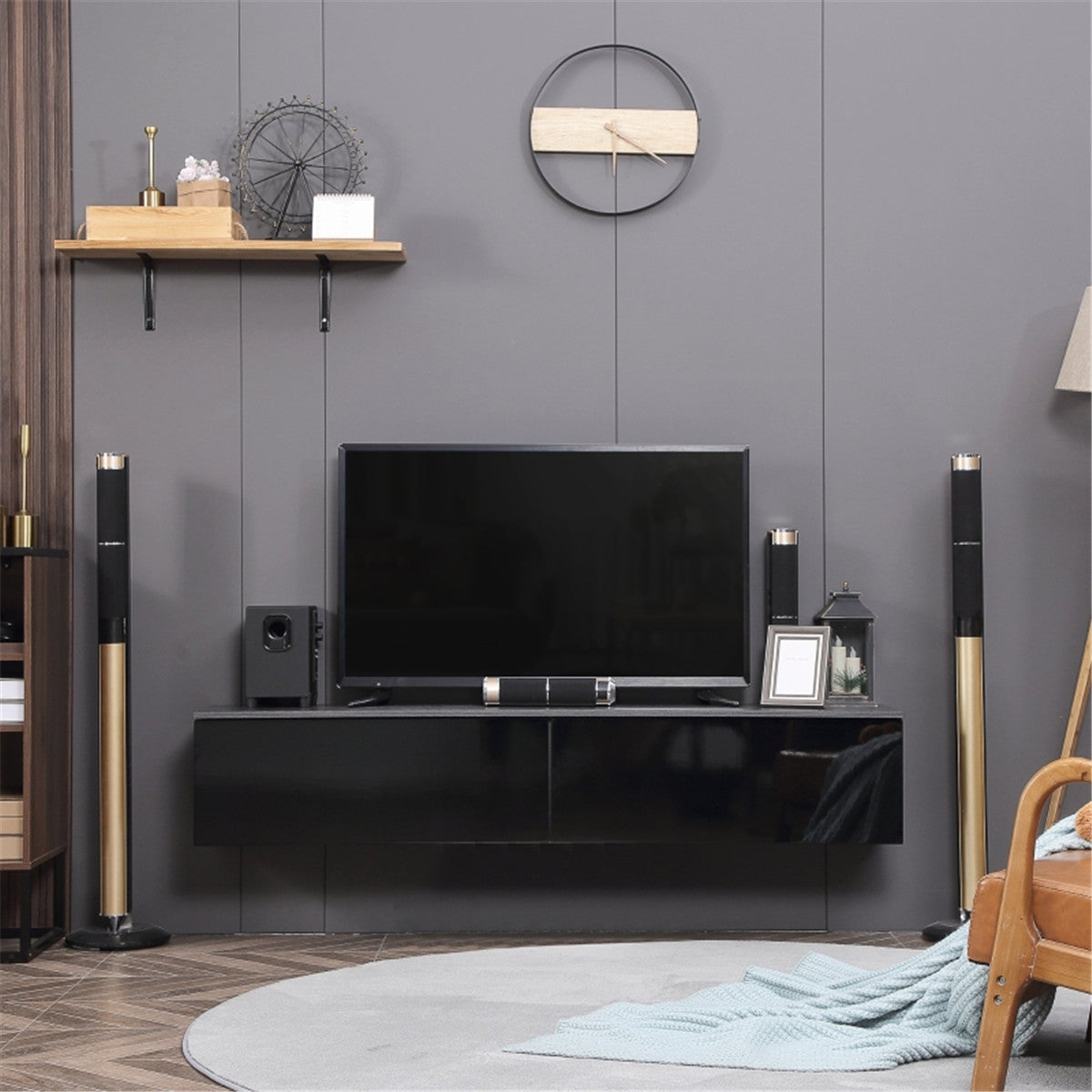 Premium Floating TV Stand 70In with high-gloss cabinets, wall-mounted slim profile in lounge