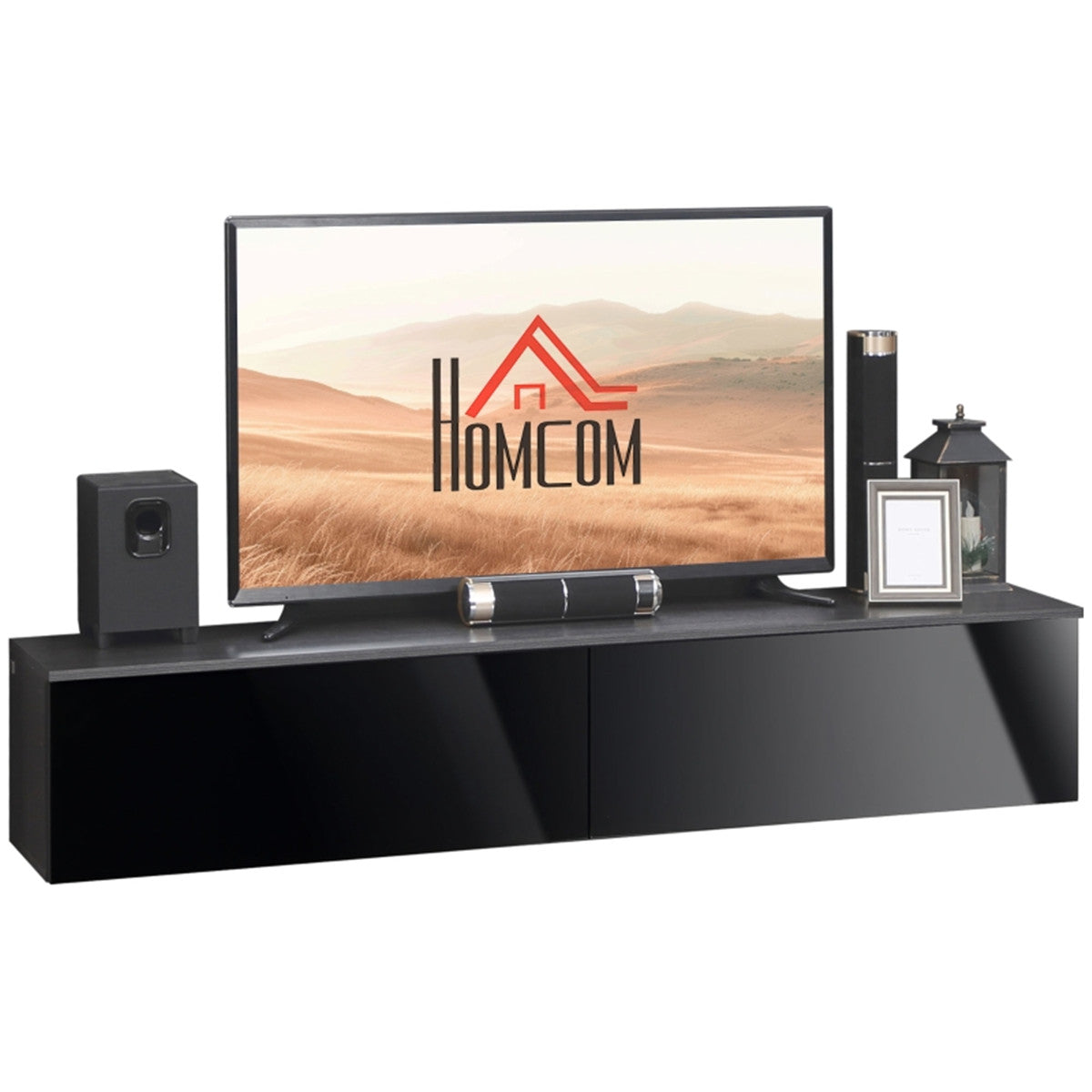 Premium floating TV stand for 70-inch TVs with two black high-gloss cabinets, wall-mounted.