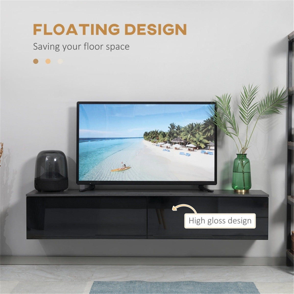 Premium floating TV stand with 70-inch TV on high-gloss black cabinets in a modern lounge.
