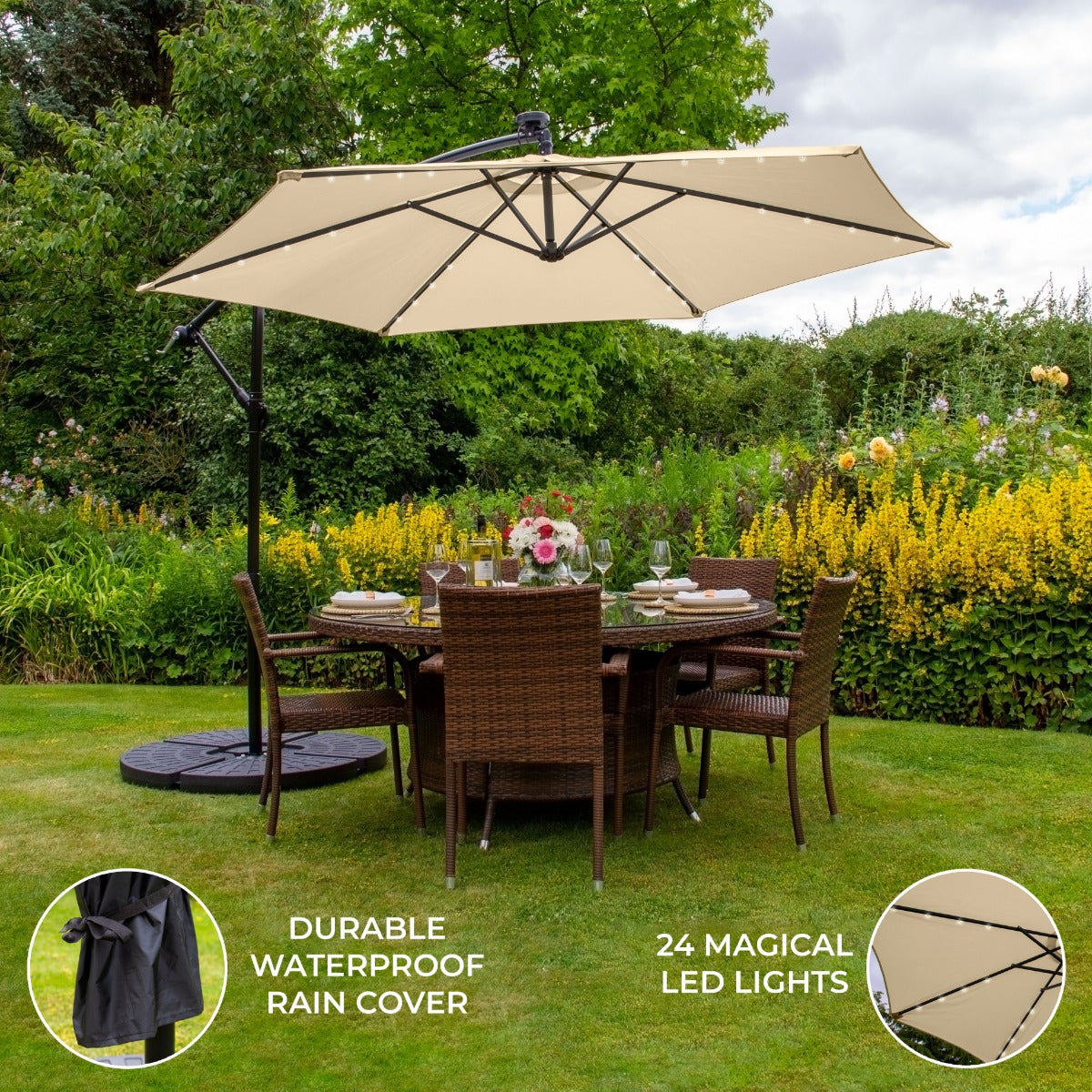 Premium LED Cantilever Parasol 3m with Base Patio