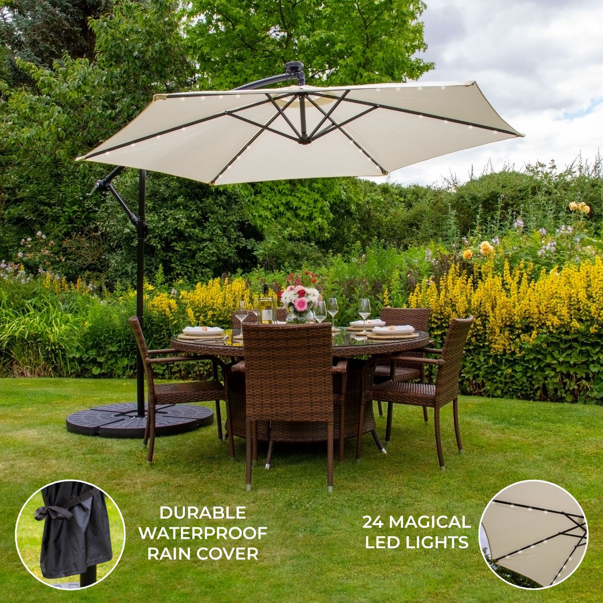 Cream Cantilever Parasol 3m LED Fan Base Garden