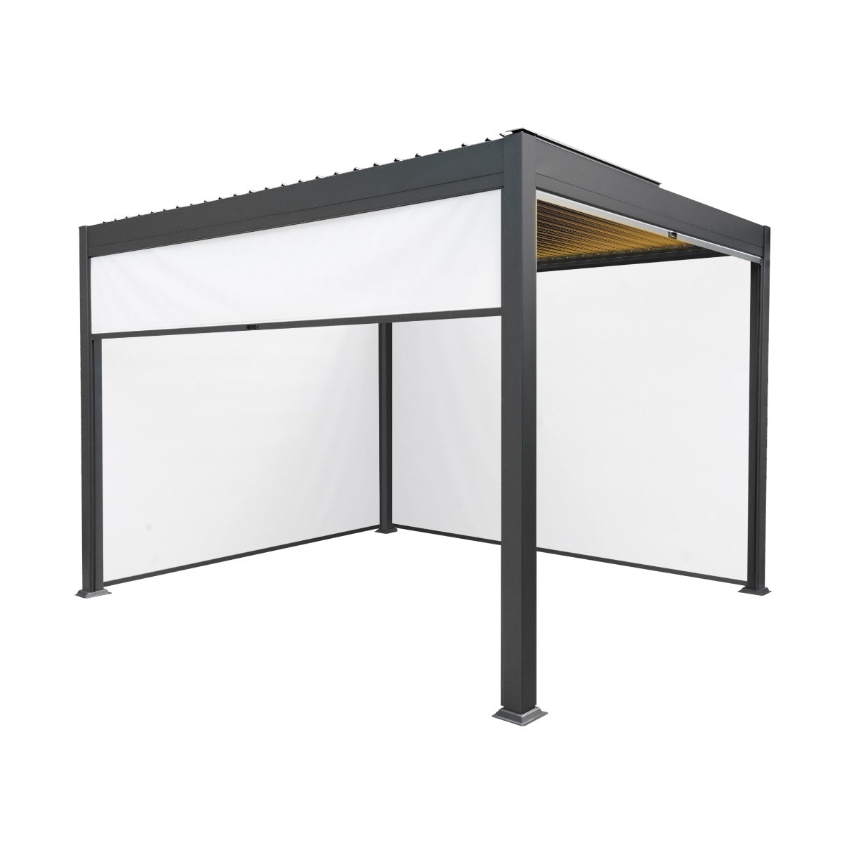 Anthracite Aluminium Pergola 3m x 3m With White Blinds And LED Lights For Outdoor Living