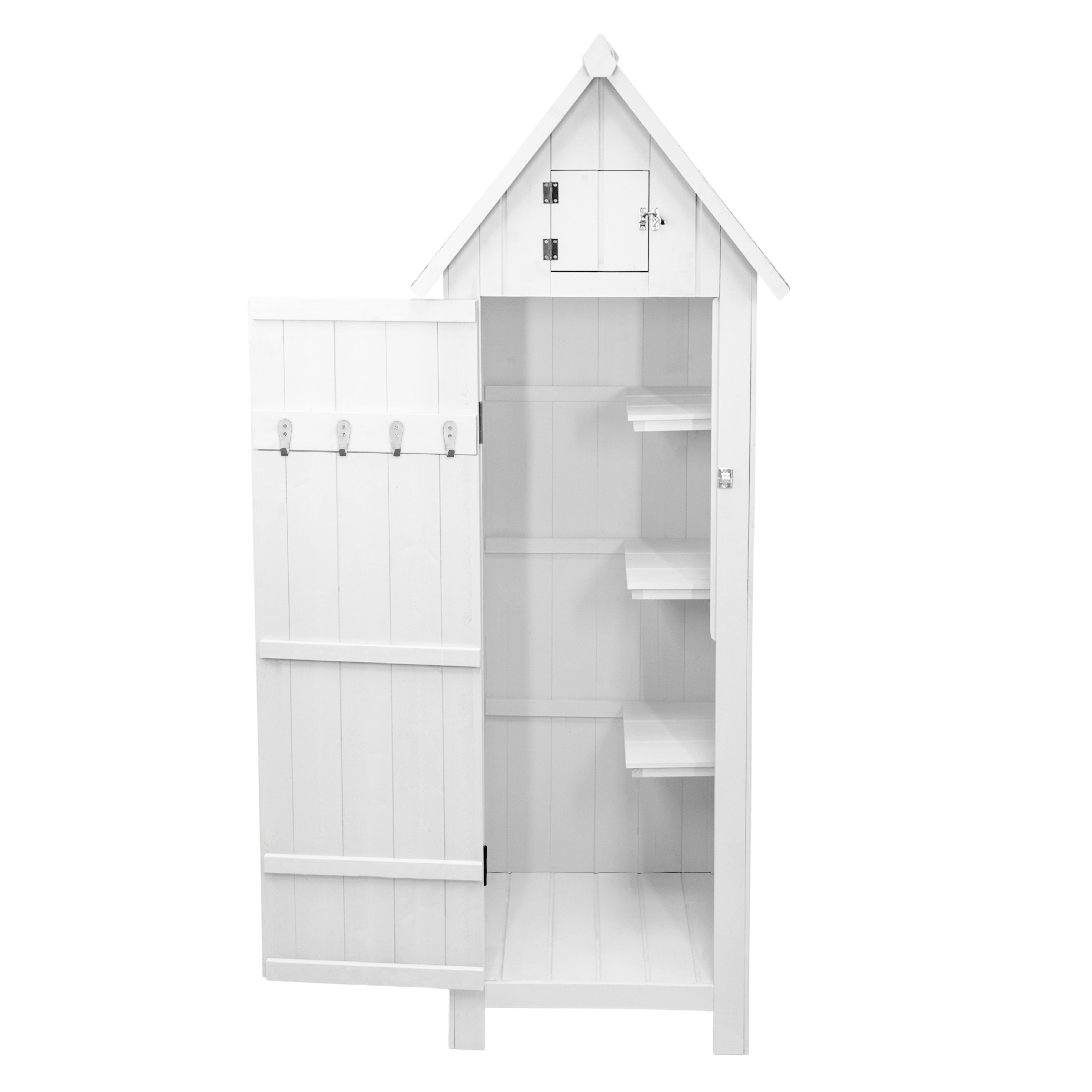 Premium Wooden Garden Shed White Standard Size With Three Shelves For Tool Storage Outdoor Use