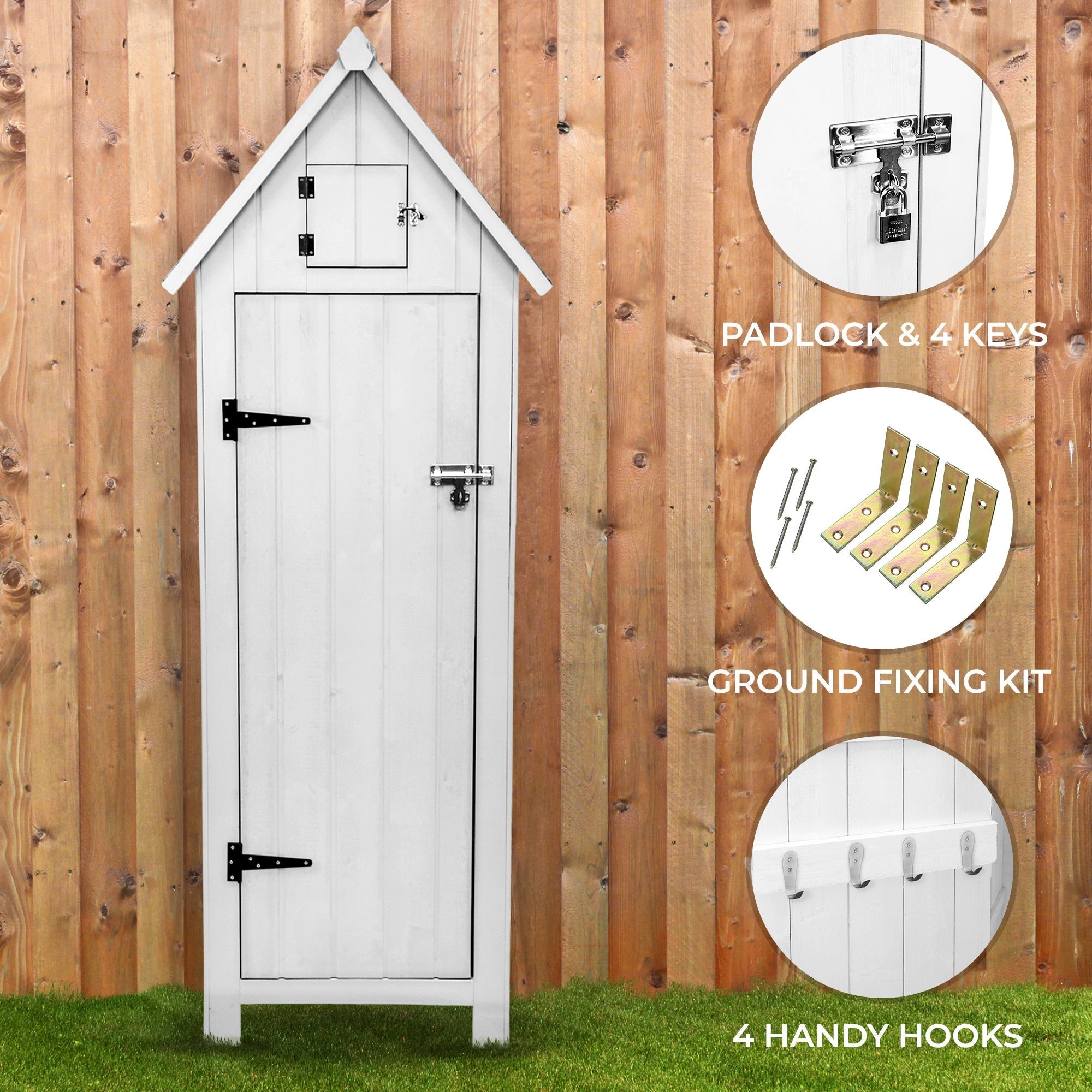 Premium Wooden Garden Shed White Standard Size With Three Shelves For Tool Storage Outdoor Use