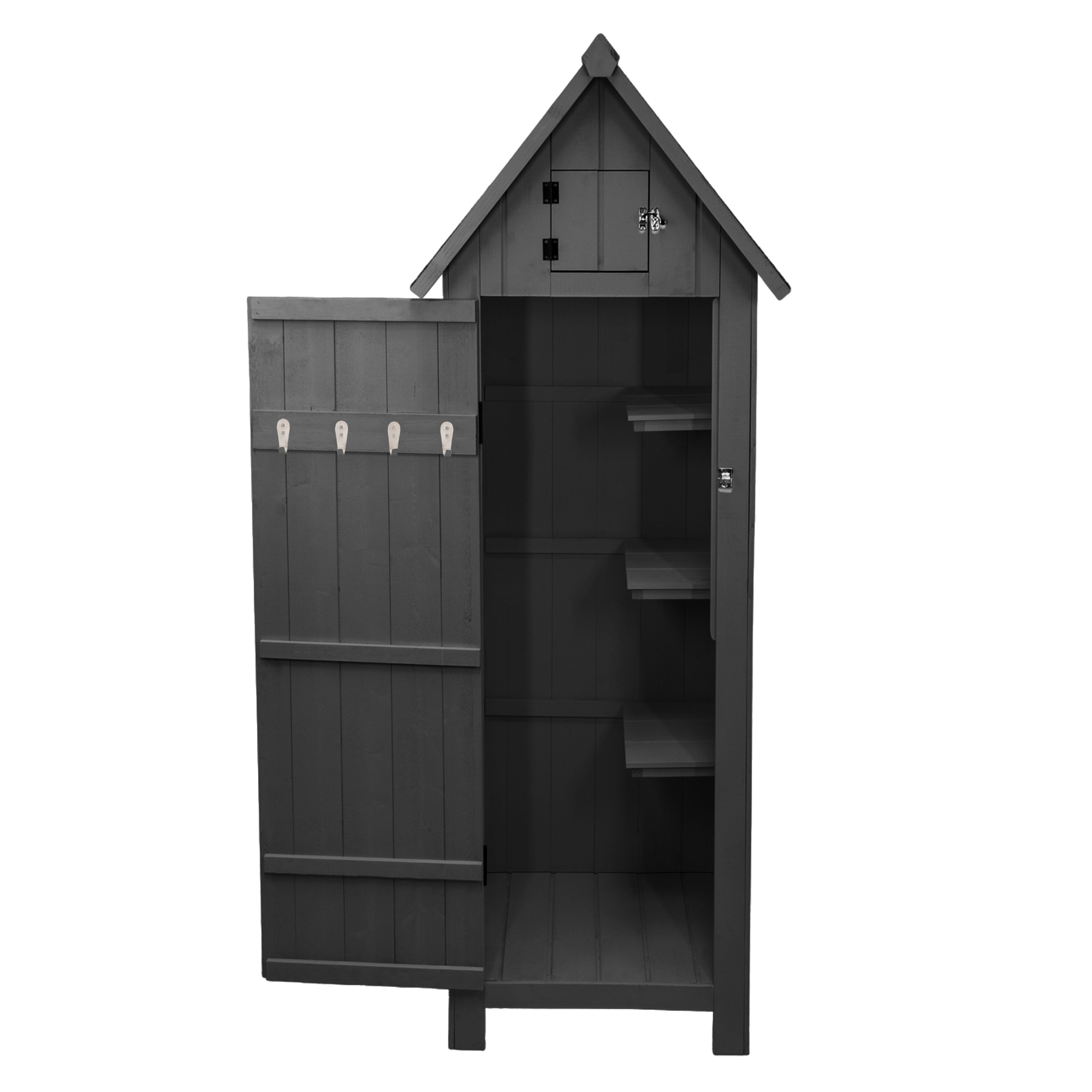 Premium Wooden Garden Shed Narrow Tall Three Corner Shelves Dark Grey For Garden Tools