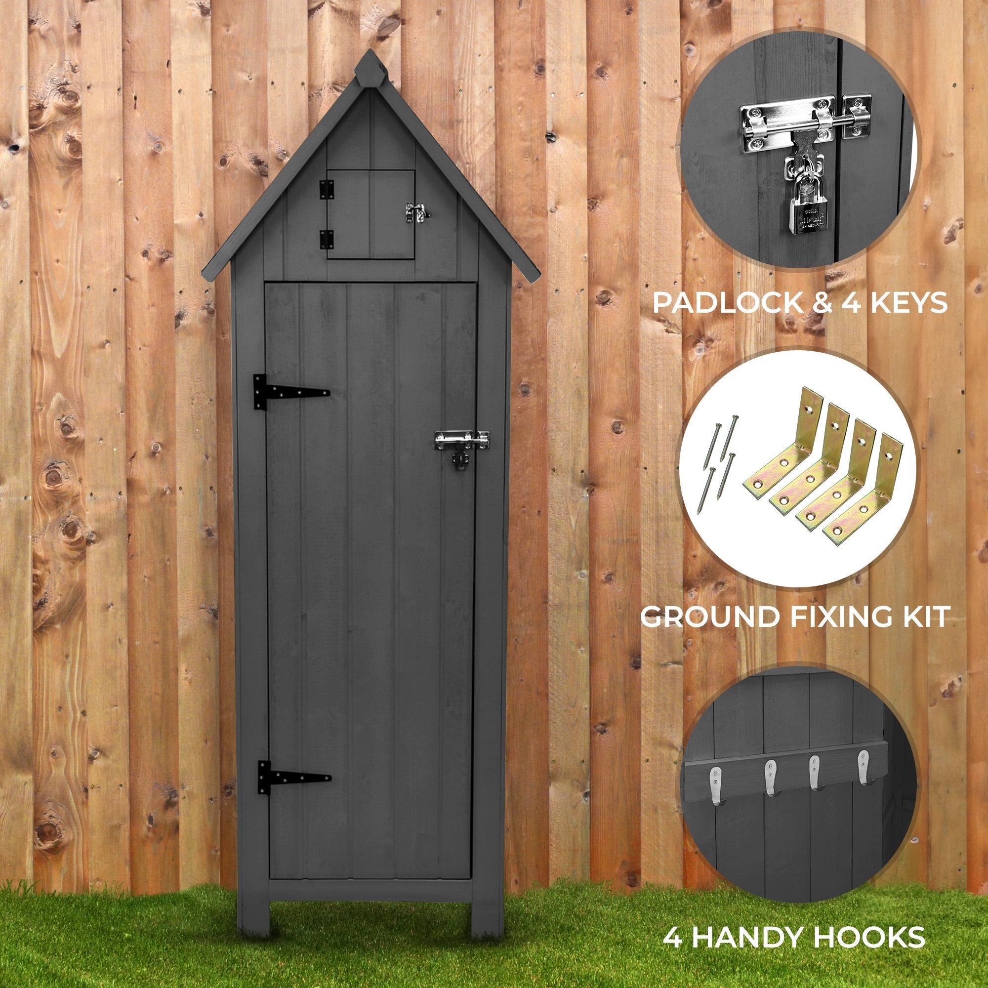 Premium Wooden Garden Shed Narrow Tall Three Corner Shelves Dark Grey For Garden Tools