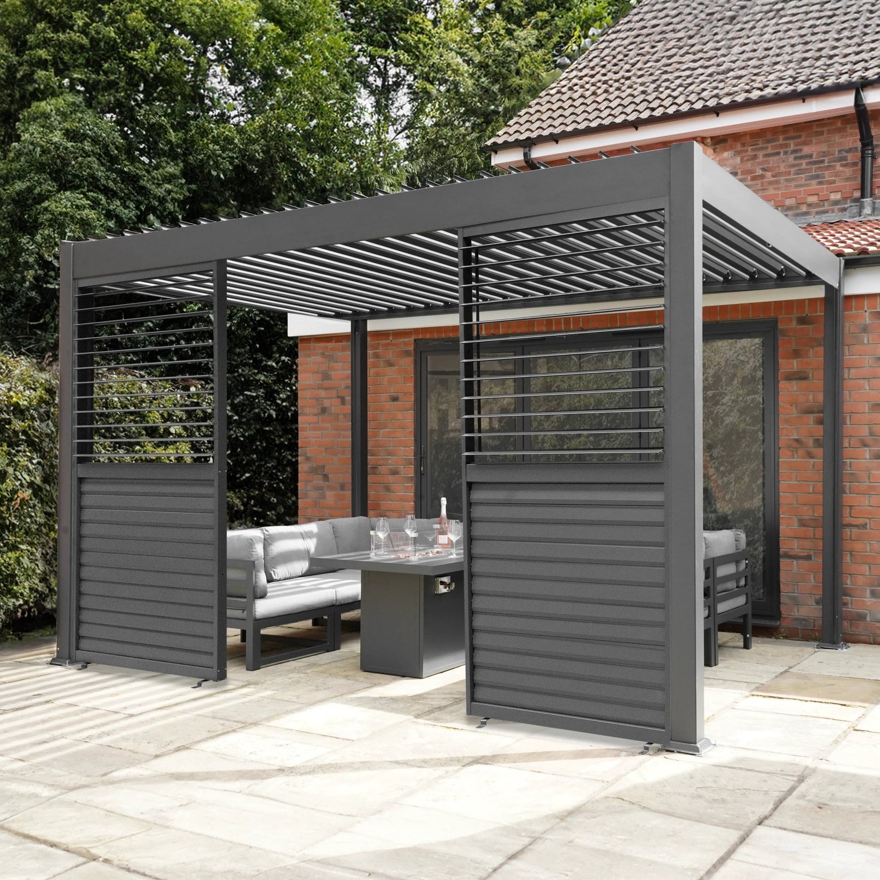 Monster Shop Anthracite Aluminium Pergola 3m x 4m With LED Lighting And Dual Shutter Panels For Outdoor Living - Uncategorized Gazebos