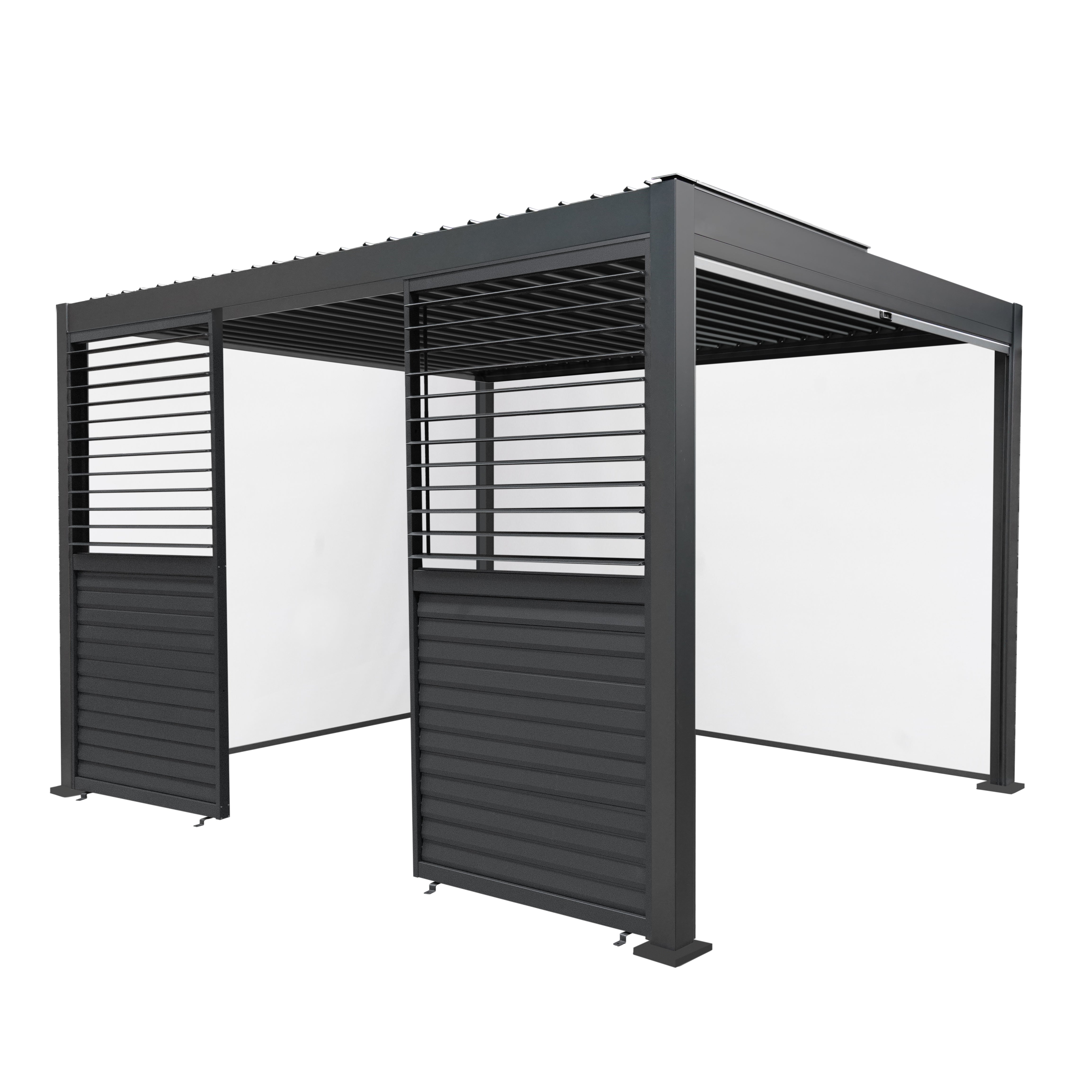 Anthracite Aluminium Pergola With White Blinds And Louvre Panels 3m x 4m Outdoor Living